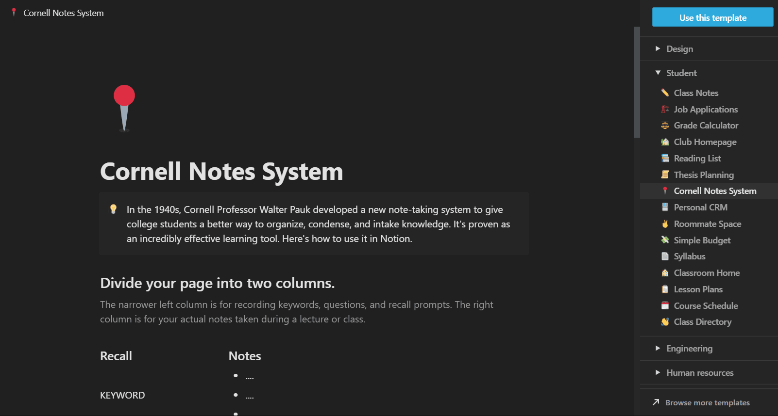 Widok ekranu aplikacji Notion - Cornell Notes System