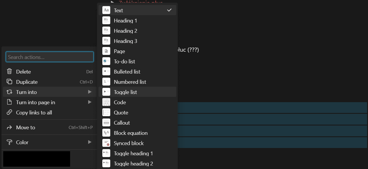 Widok ekranu aplikacji Notion - funkcja toggle list