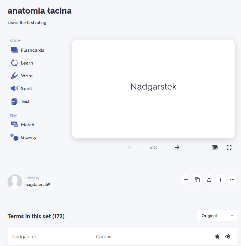 Widok ekranu aplikacji Quzilet - fiszka