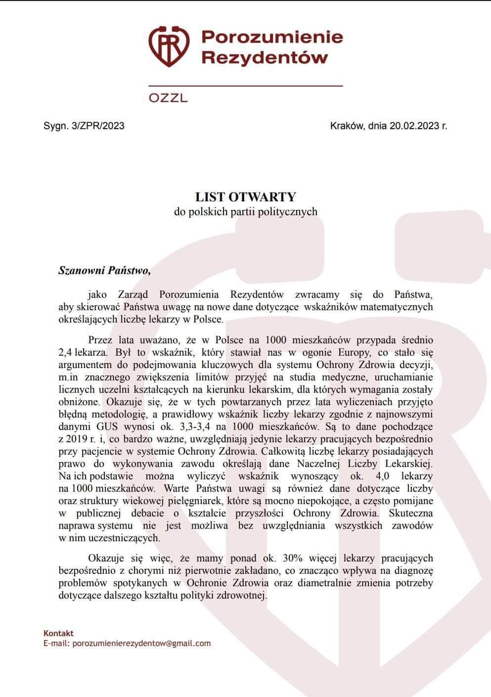Porozumienie Rezydentów - list otwarty