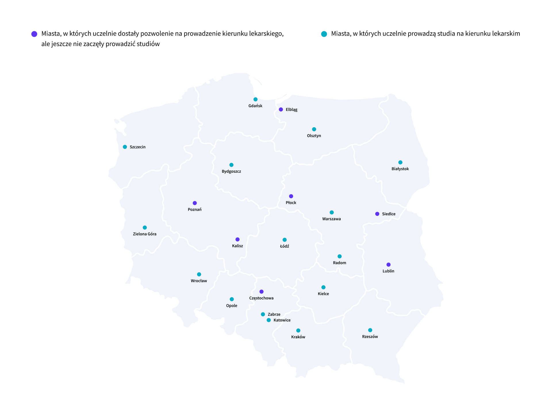 Miasta, w których uczelnie prowadzą studia na kierunku lekarskim lub niedługo go otworzą