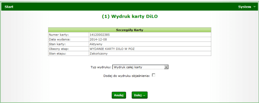 Wydruk karty DILO